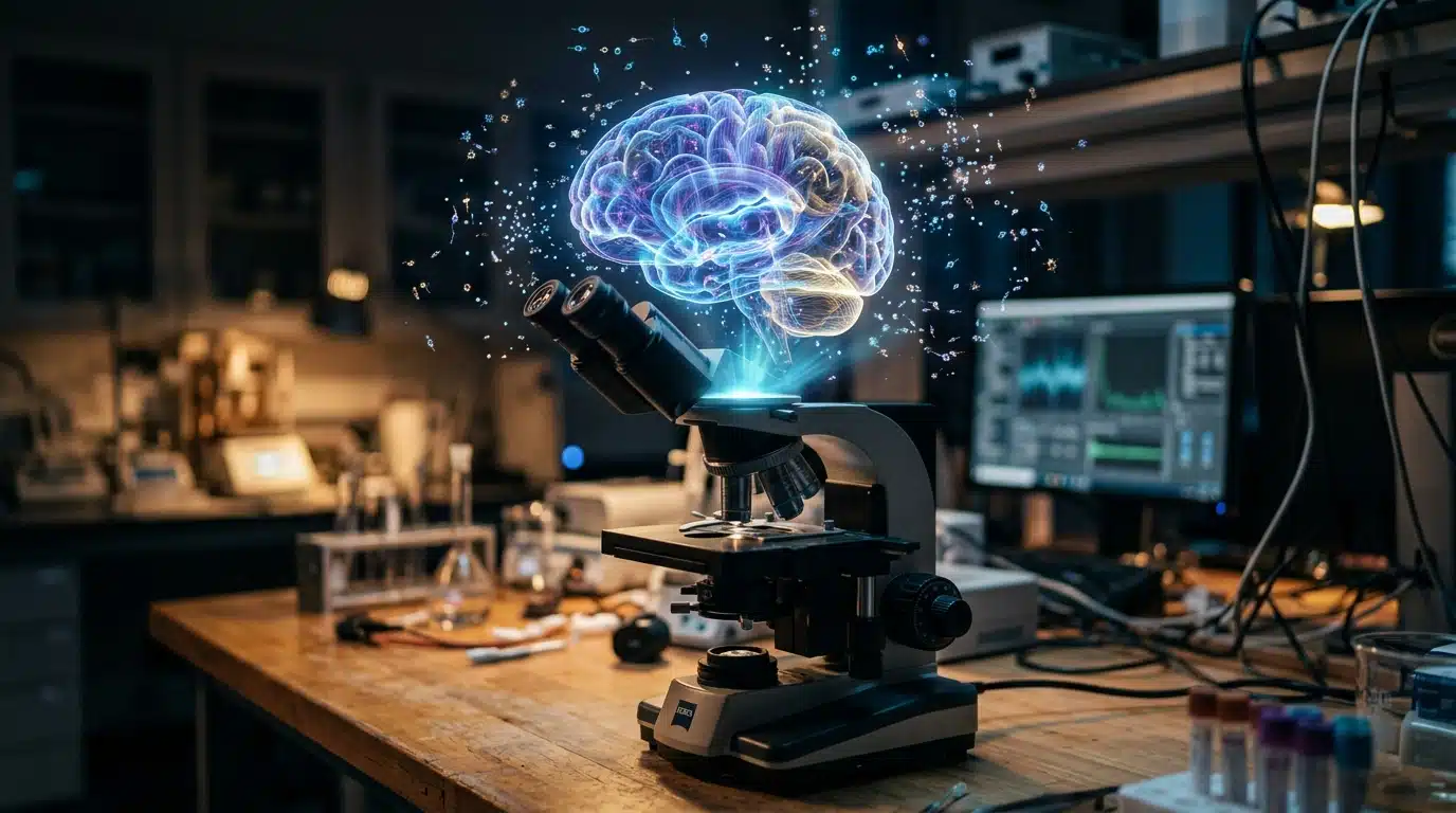 Scanner cérébral lumineux au-dessus d'un microscope de laboratoire