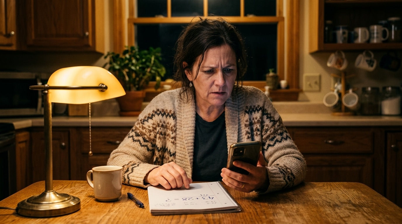 Personne perplexe devant un calcul mathématique sur son téléphone