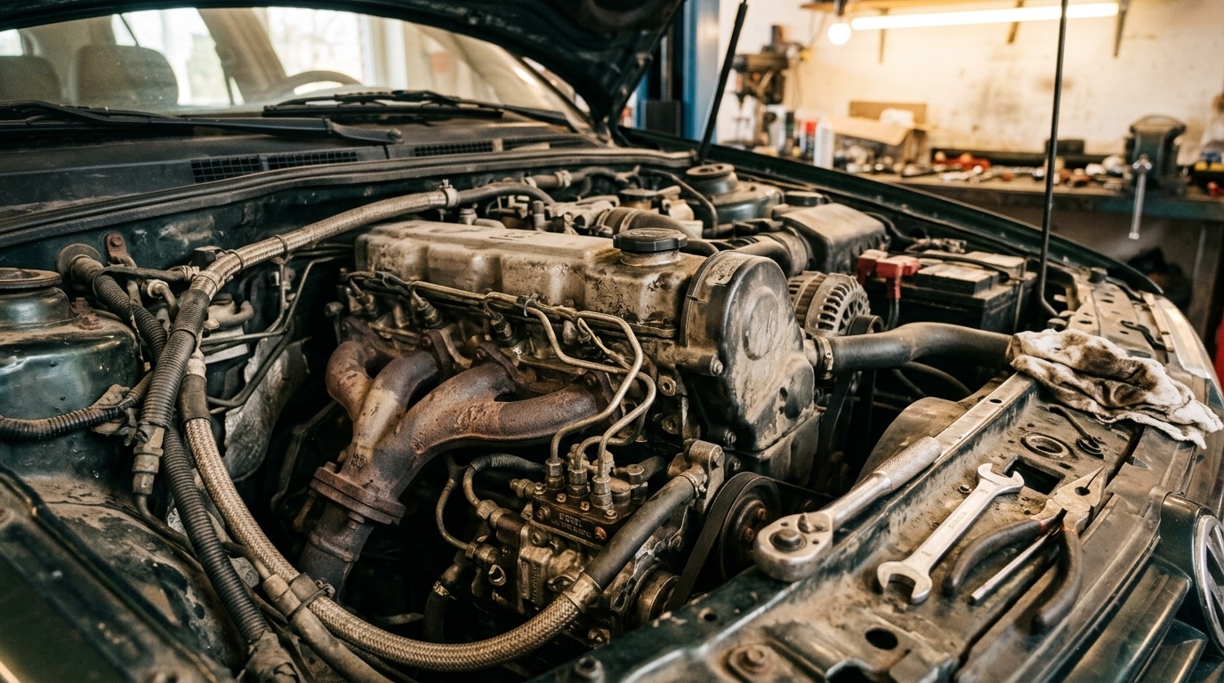 Vieux moteur diesel dans un compartiment moteur poussiéreux