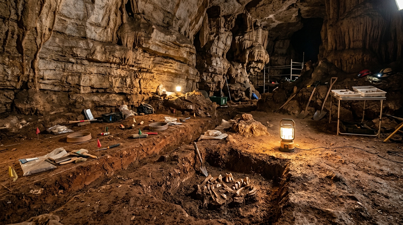 Fouille archéologique dans une grotte avec fragments d'os anciens