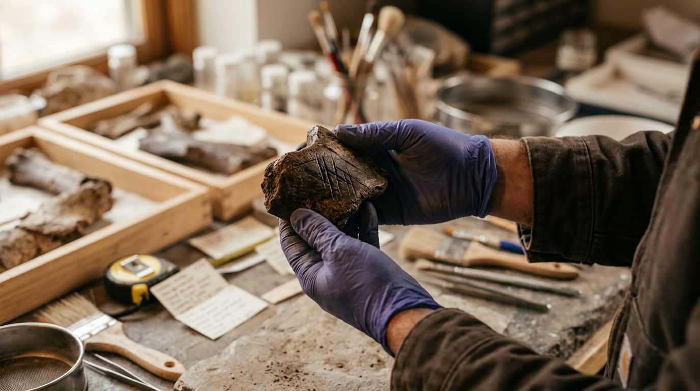 Mains tenant un fragment d'os fossilisé avec traces de coupe