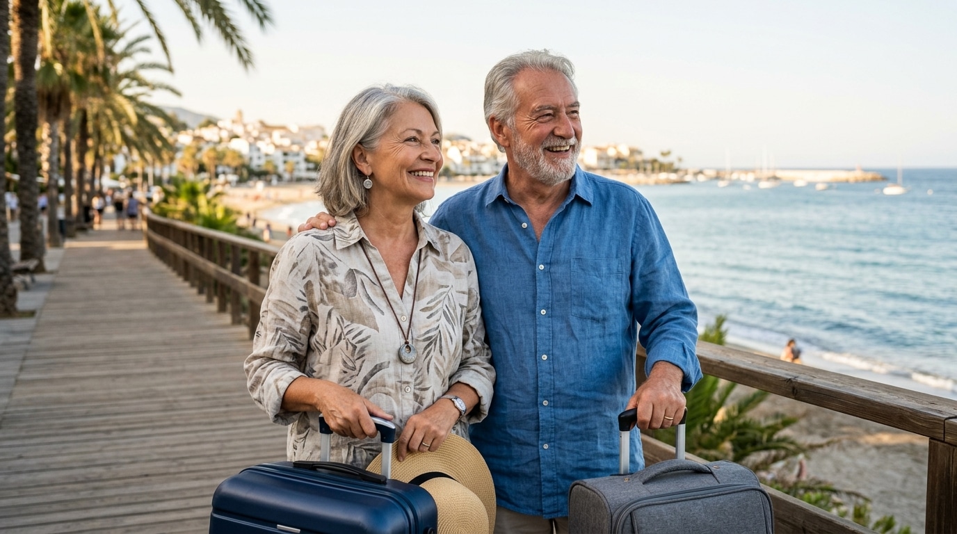 Couple de retraités souriants face à la mer en Espagne