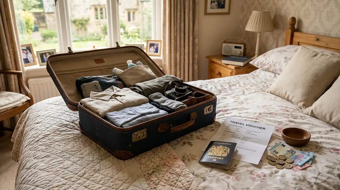 Valise ouverte avec passeport et pièces de monnaie
