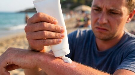 Main appliquant une crème solaire sur peau rougie