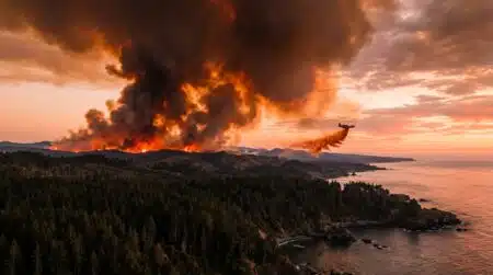 Fumée orange d'incendie de forêt au coucher du soleil