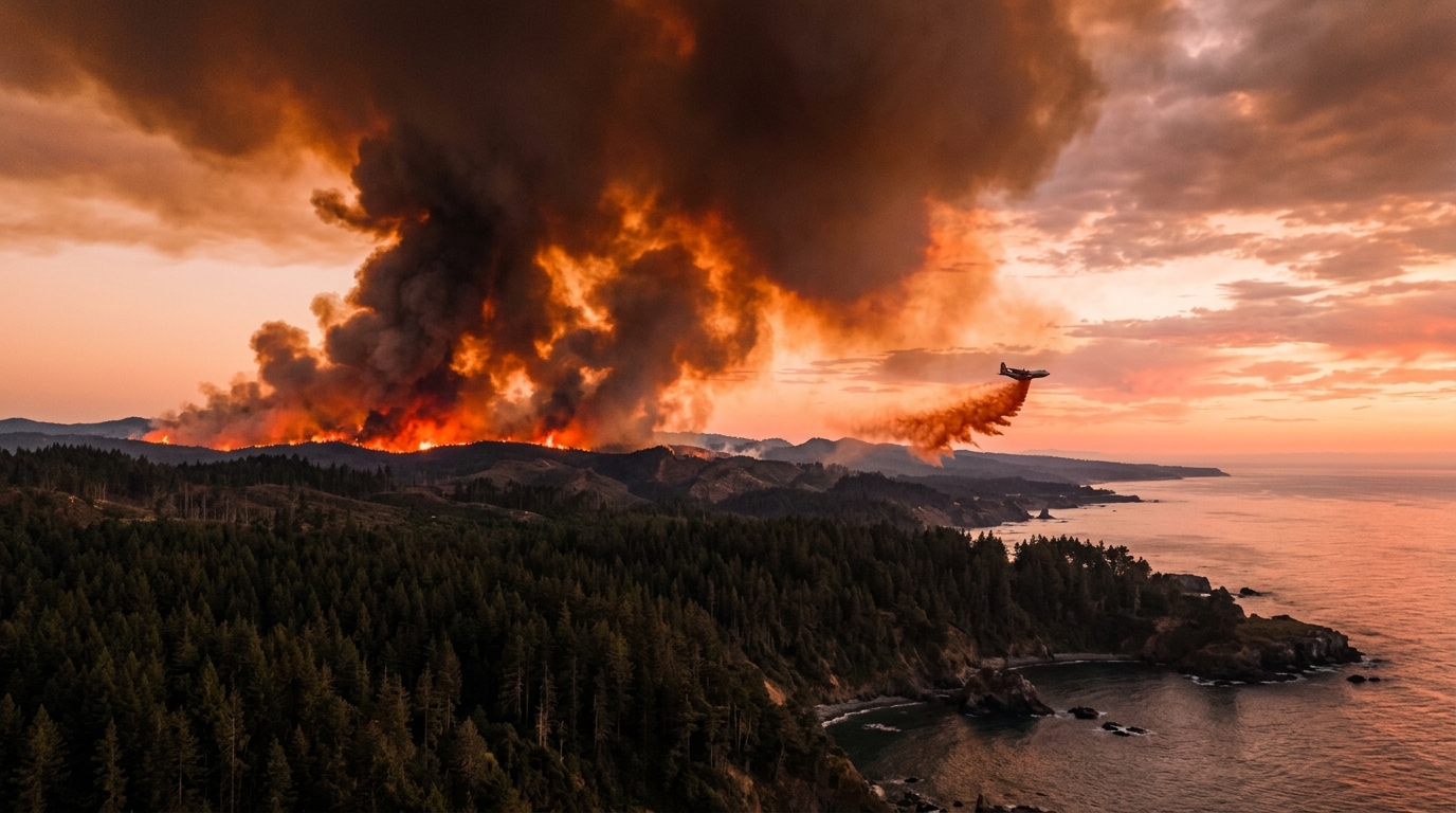 Fumée orange d'incendie de forêt au coucher du soleil