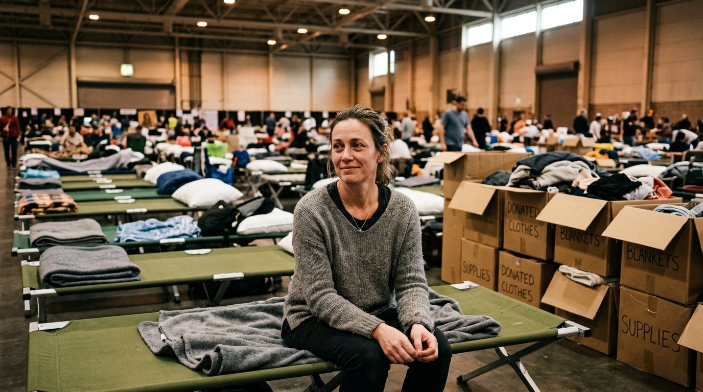 Centre d'accueil avec lits de camp pour évacués