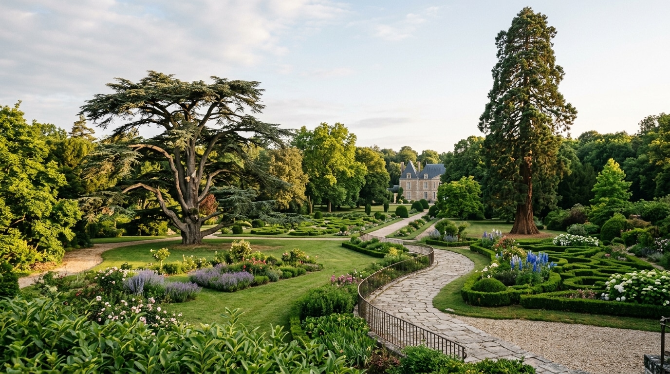 Jardin ancien avec cèdre du Liban et séquoia majestueux