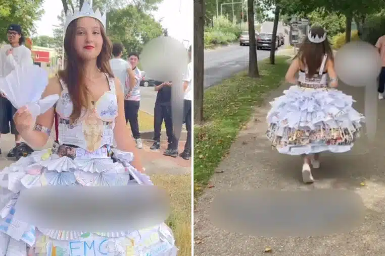 Elle crée sa robe avec ses propres copies de terminale pour aller chercher ses résultats du bac (vidéo)