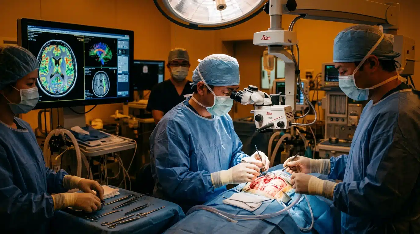 Équipe médicale pendant une opération neurologique délicate