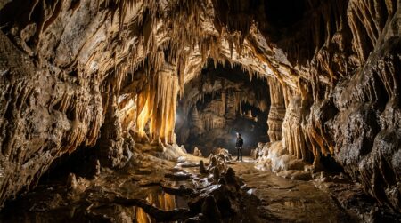 Formations de calcite illuminées dans une grotte souterraine