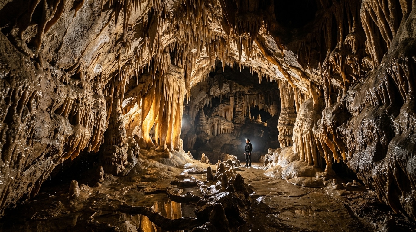 Formations de calcite illuminées dans une grotte souterraine