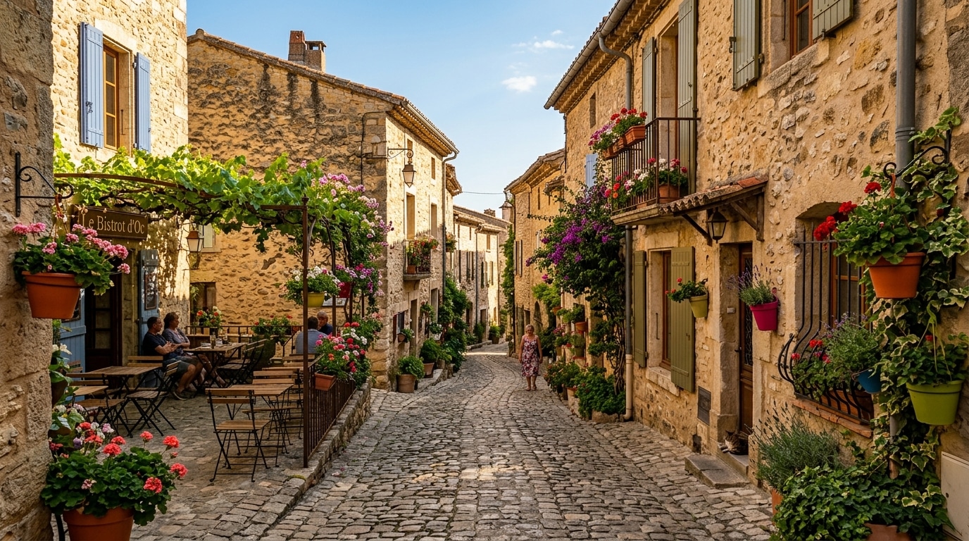 Ruelle ombragée d'un village occitan en été
