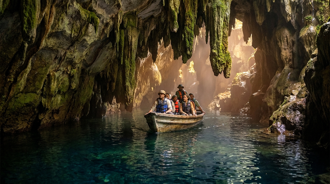 Barque glissant sur rivière souterraine dans grotte