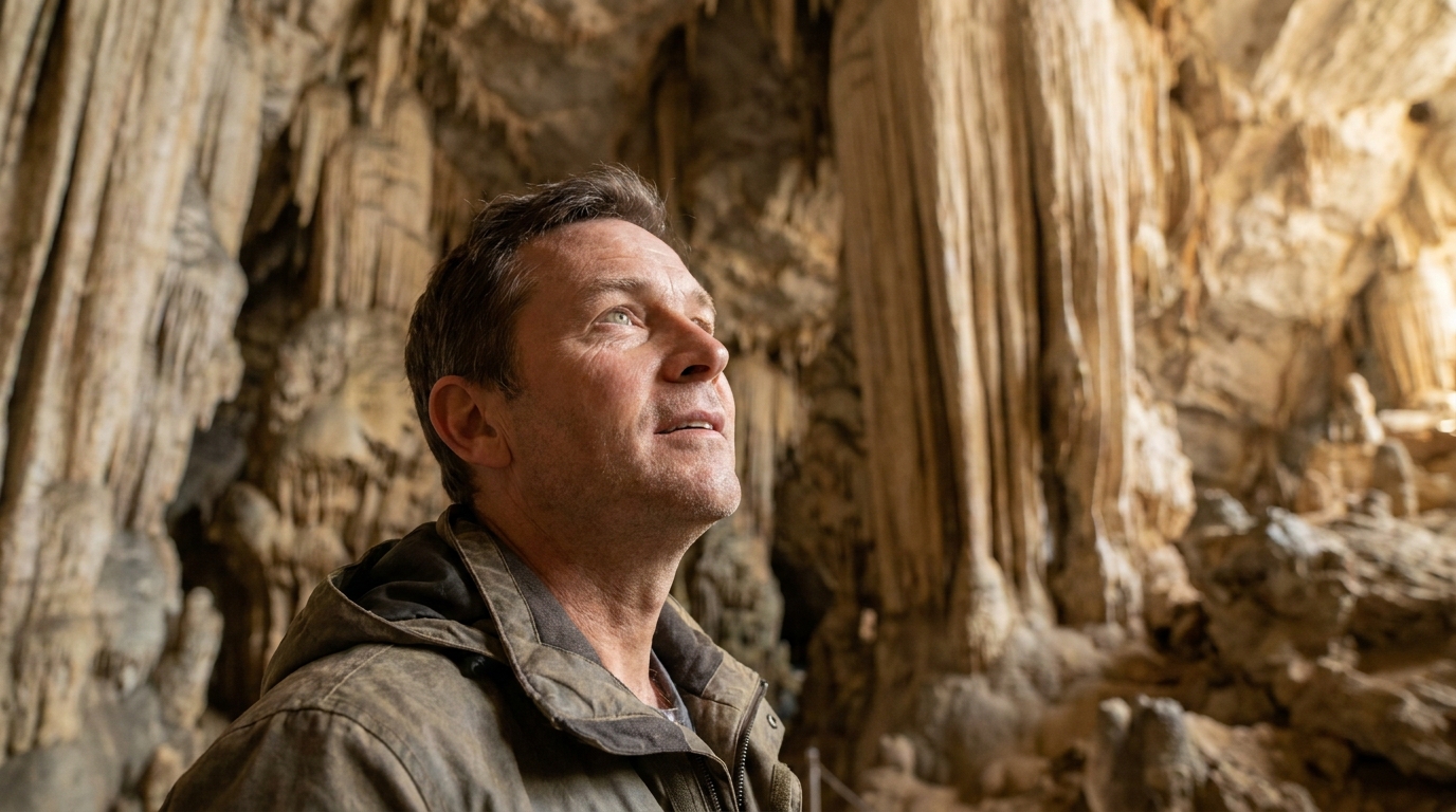 Visiteur émerveillé devant immense salle rocheuse souterraine