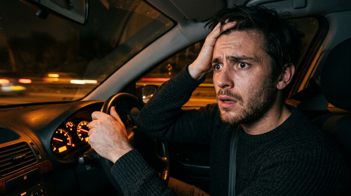 Jeune conducteur au visage inquiet dans une voiture la nuit