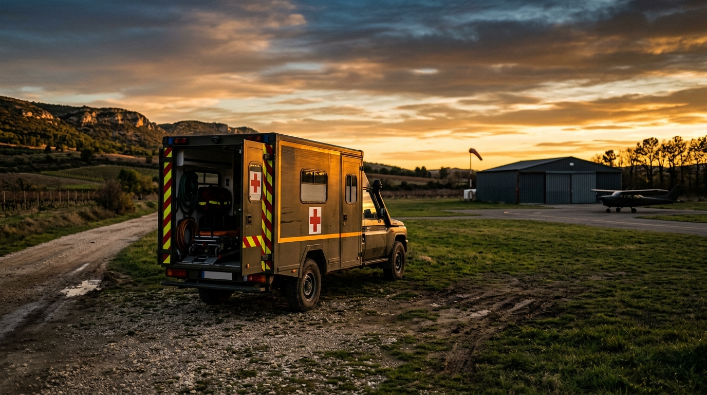 Ambulance militaire garée près d'un terrain d'aviation rural