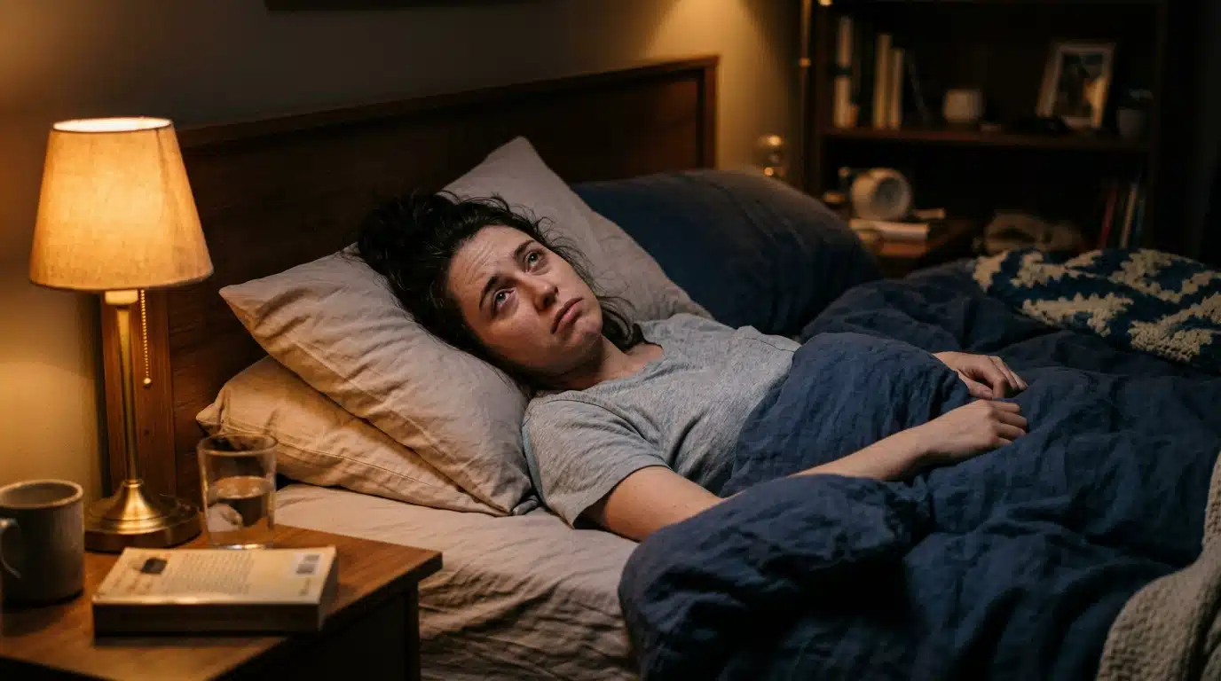 Femme allongée éveillée dans son lit la nuit