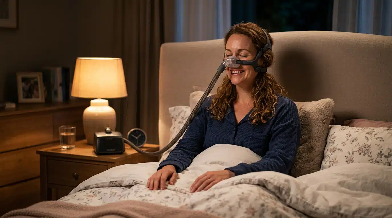Femme portant un masque CPAP dans son lit