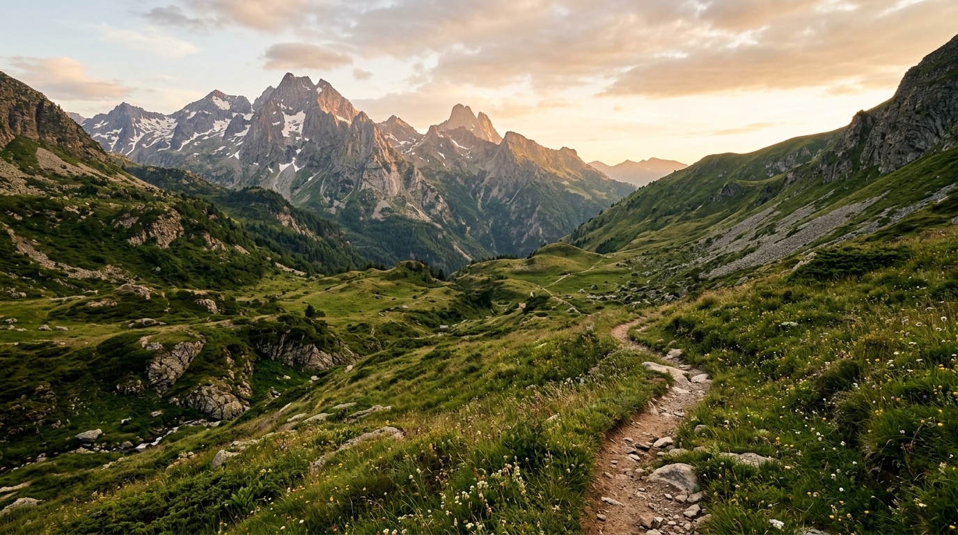 Vallée verdoyante des Pyrénées au coucher du soleil