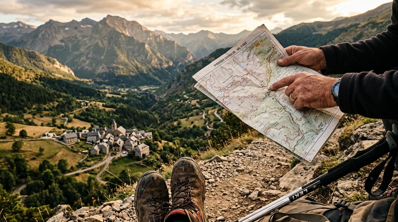 Randonneur consultant une carte face à un village de montagne