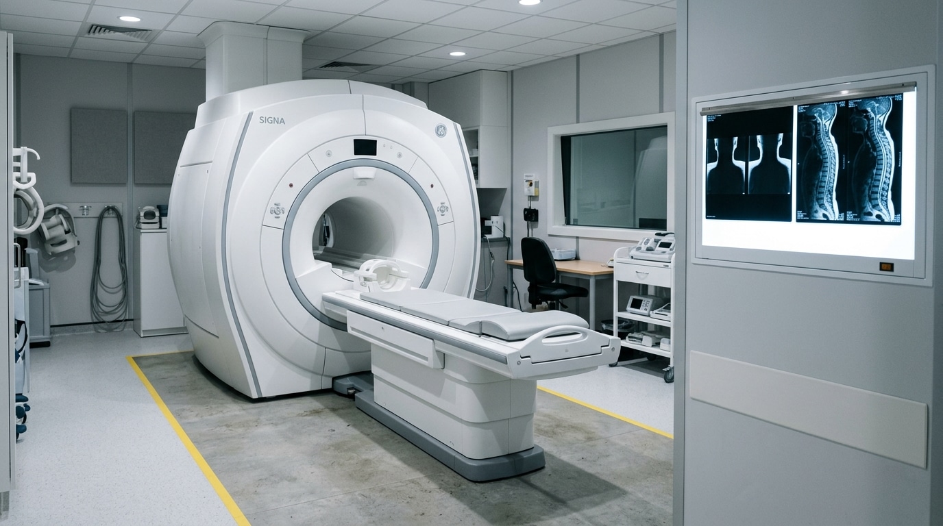 Salle d'IRM vide avec machine médicale blanche