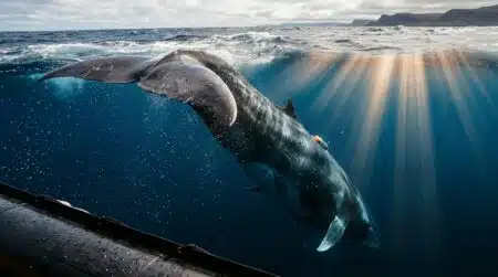 Rorqual commun plongeant en profondeur avec balise scientifique