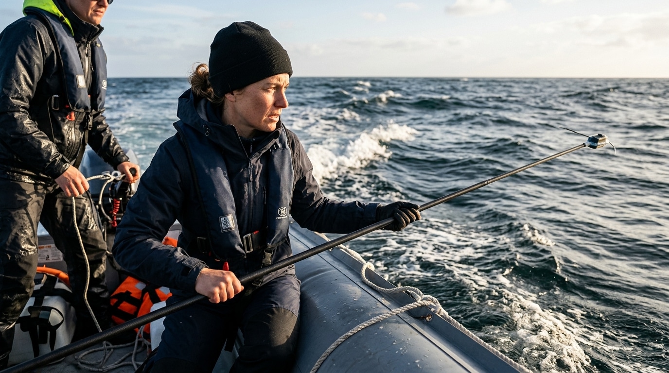 Chercheur sur zodiac tenant une perche de tagging en mer