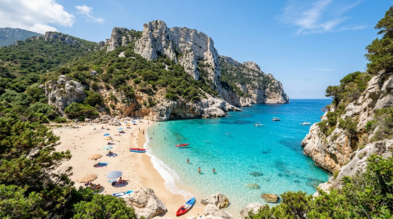 Crique turquoise bordée de falaises blanches en Sardaigne