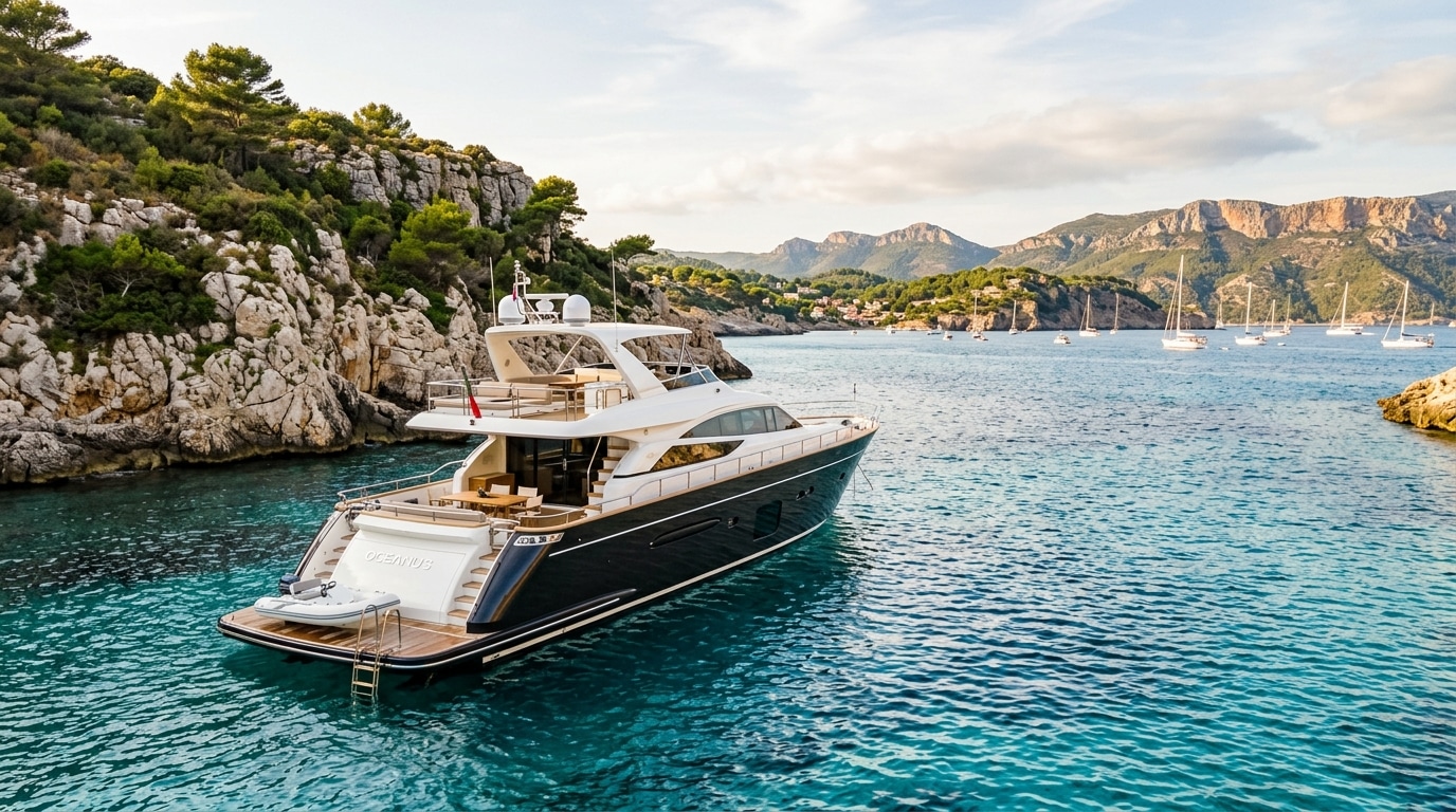 Yacht de luxe ancré près de la côte rocheuse méditerranéenne
