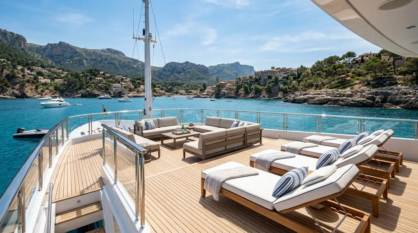 Pont d'un yacht de luxe à Majorque avec vue sur la mer