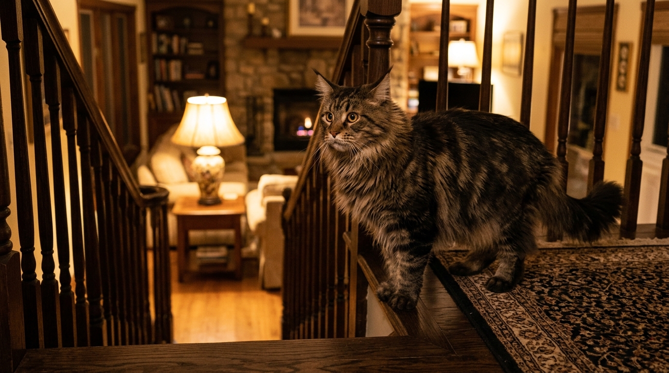 Maine Coon vigilant en haut d'un escalier la nuit