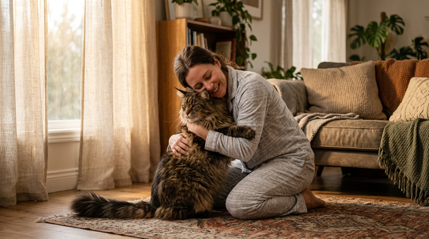 Propriétaire câlinant son Maine Coon protecteur au petit matin