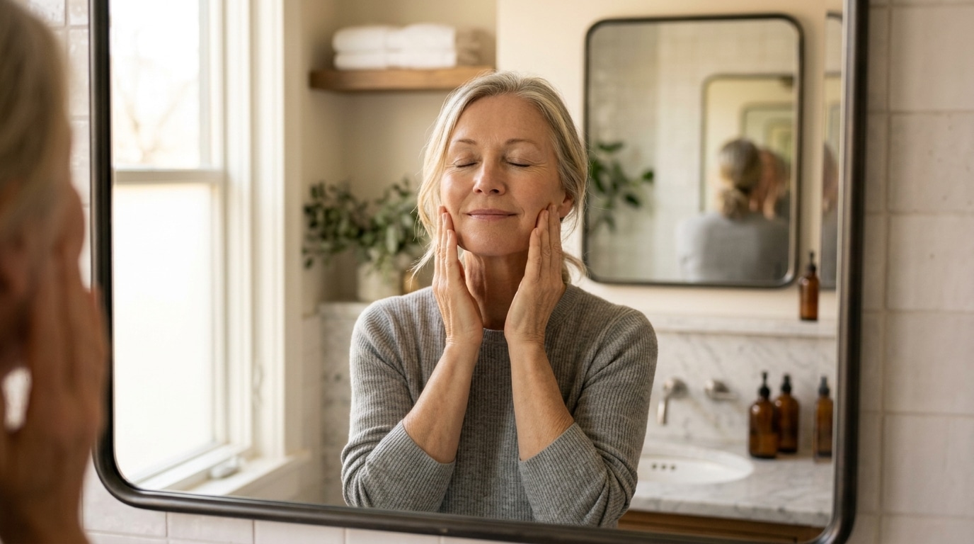 Femme mature effectuant un automassage du visage