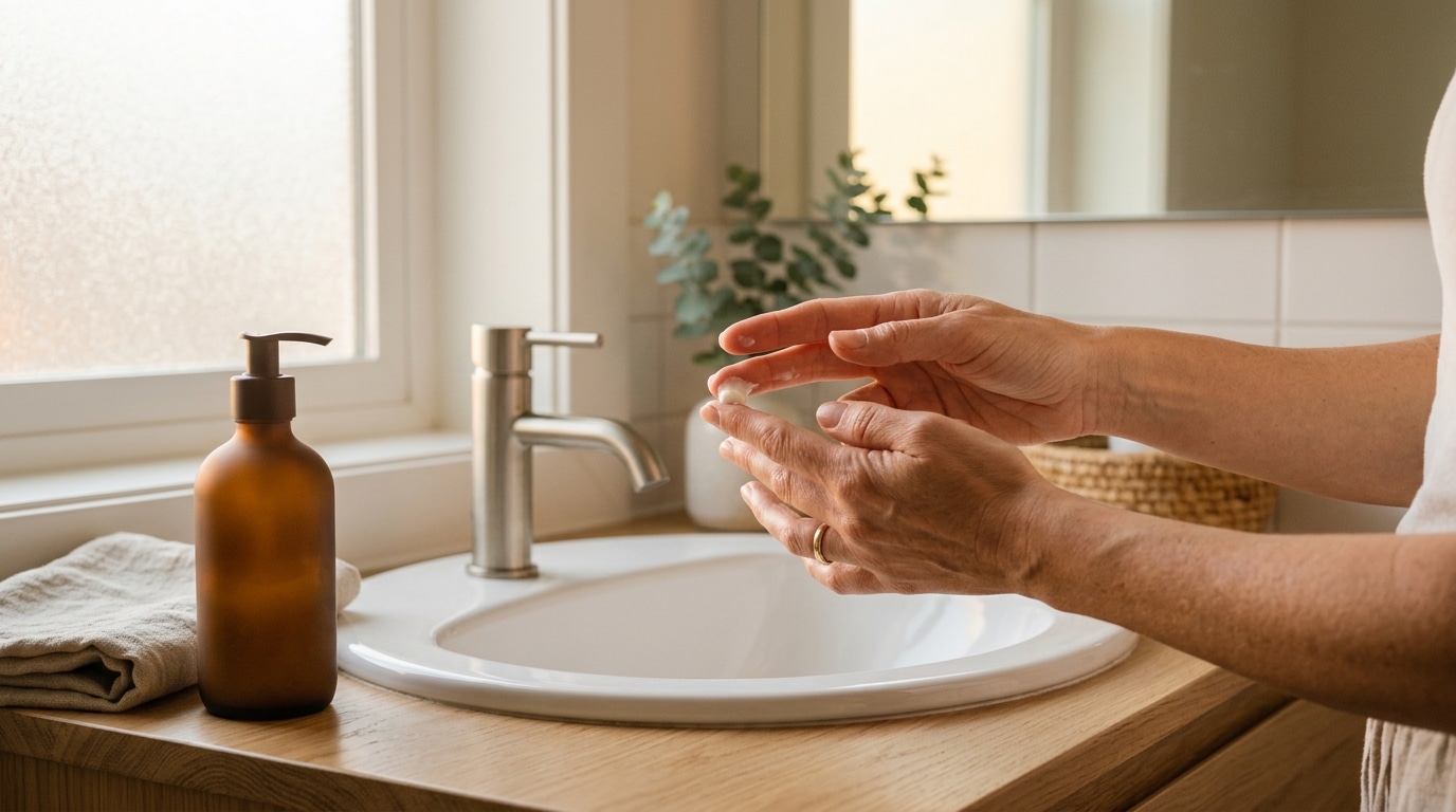 Mains appliquant une crème de soin sur le visage