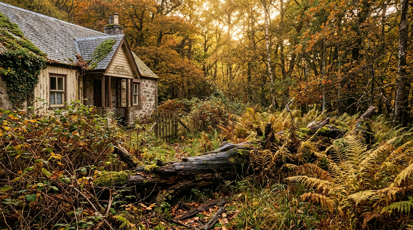 Forêt envahie de fougères près d'une maison