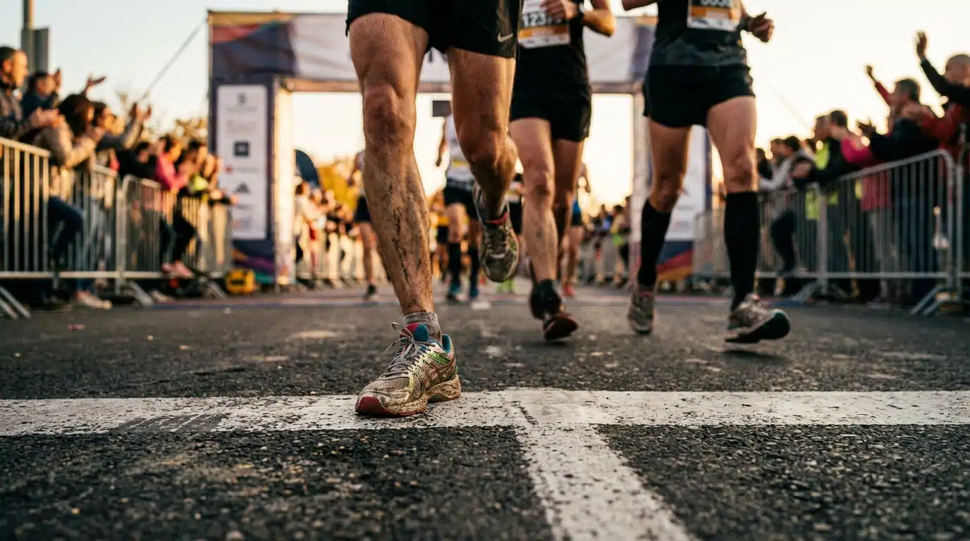 Ligne d'arrivée d'un marathon vue au niveau du sol