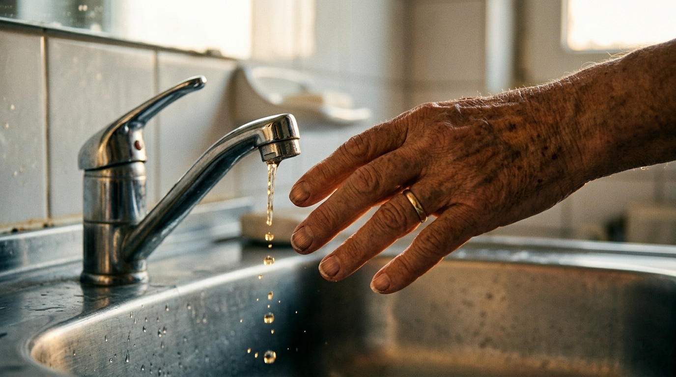 Main âgée tendue vers un robinet d'eau