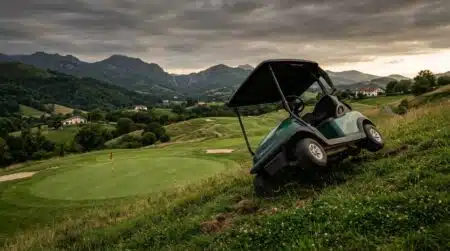 Voiturette de golf renversée sur un green vide