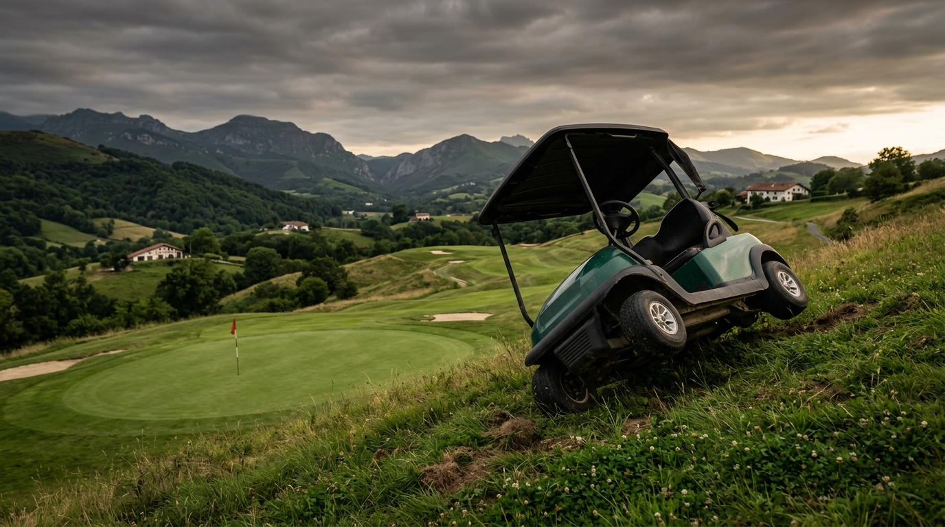 Voiturette de golf renversée sur un green vide