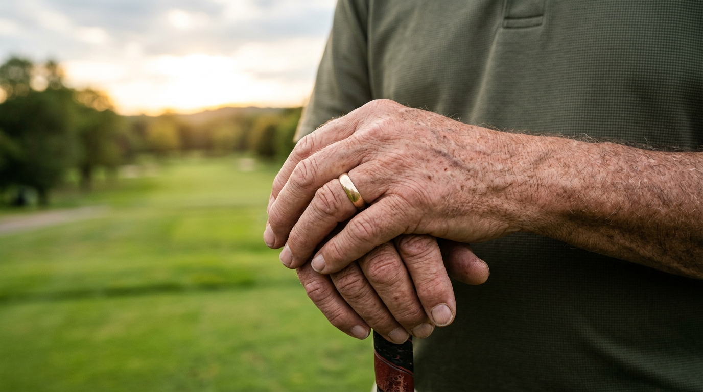 Mains âgées posées sur un club de golf