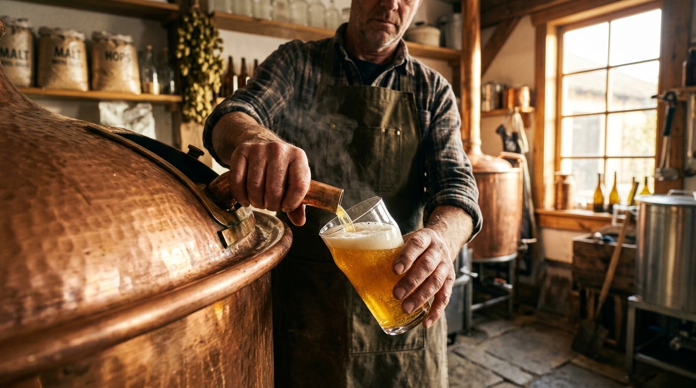 Mains versant une bière artisanale dans un verre