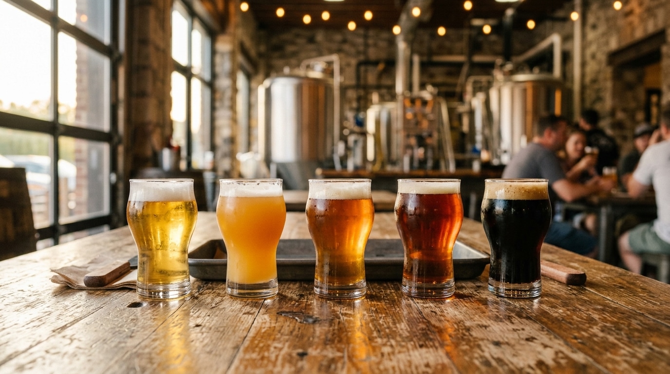 Verres de dégustation de bières artisanales sur table en bois
