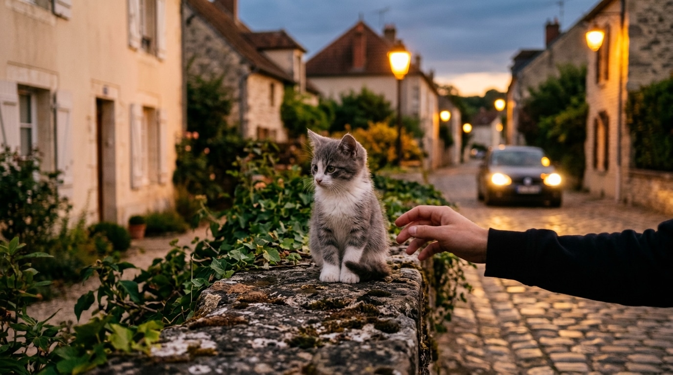 Chaton gris et blanc assis sur un muret de jardin