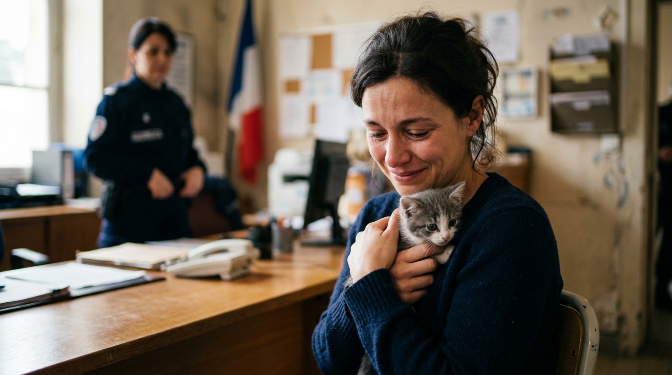 Femme tenant tendrement un chaton retrouvé au commissariat