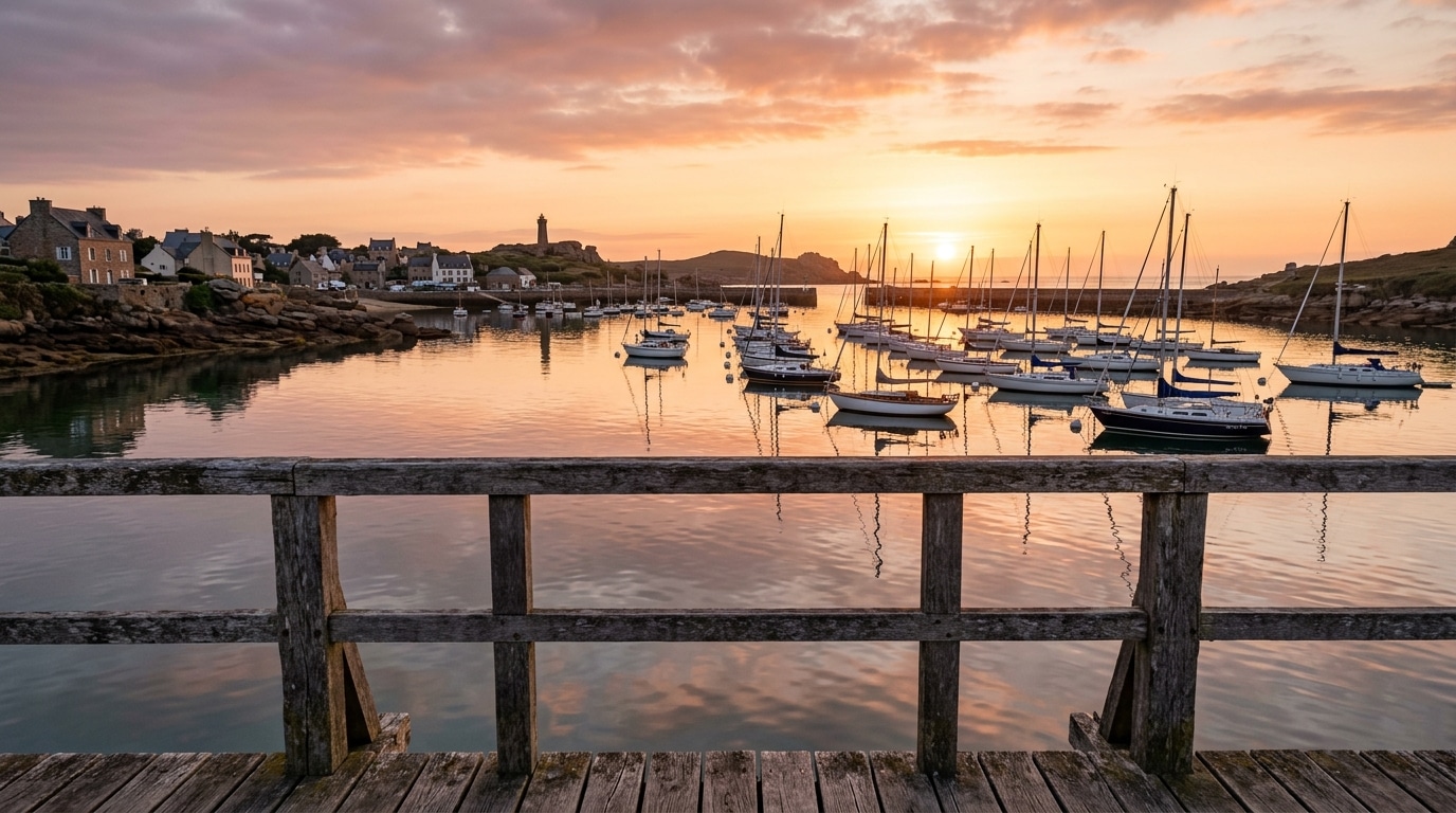 Vue sur le port breton au coucher du soleil avec voiliers amarrés