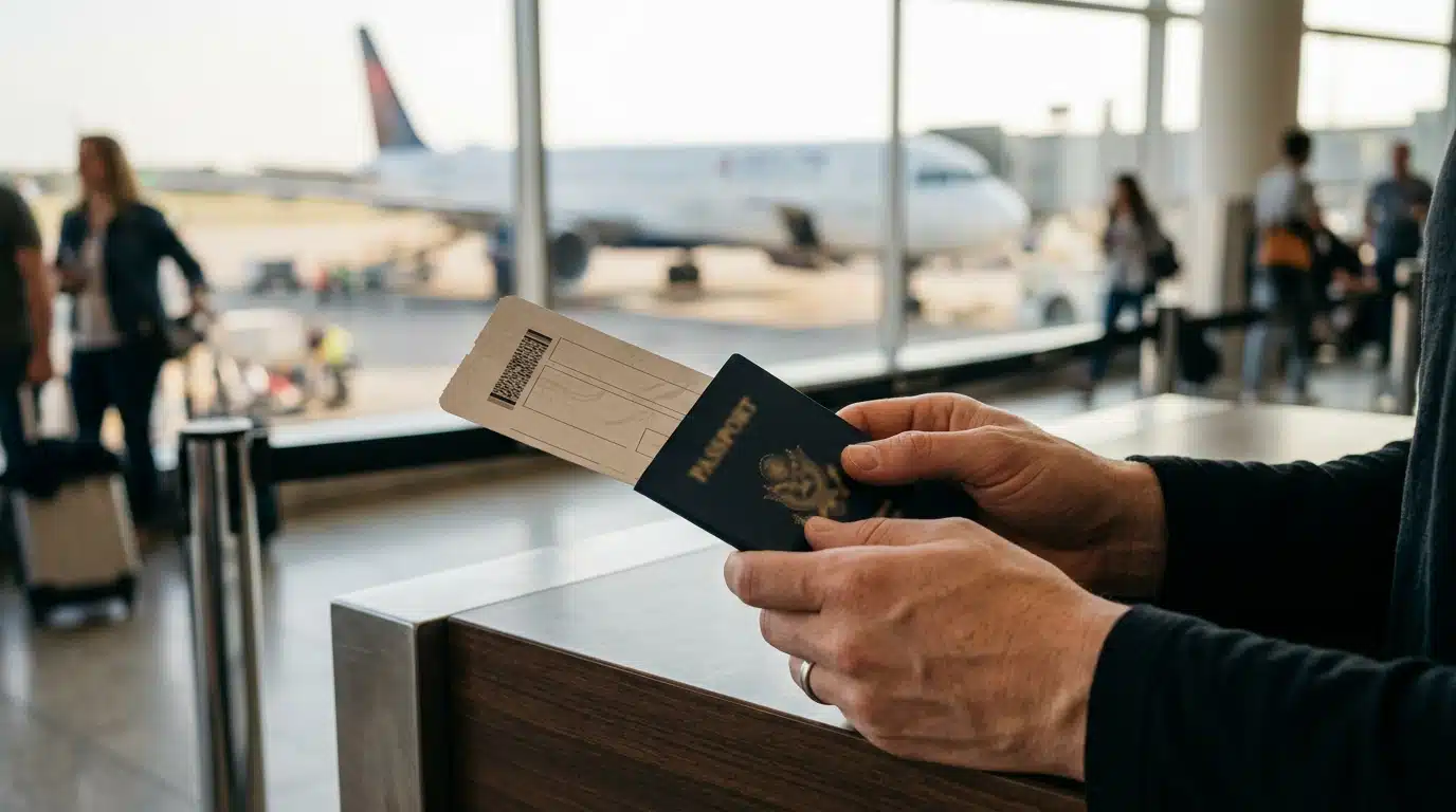 Carte d'embarquement tenue devant un avion