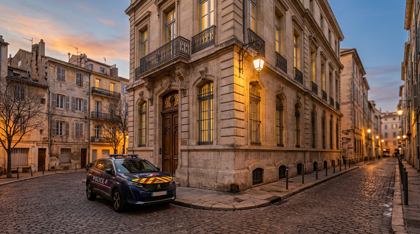 Façade d'un commissariat de police à Marseille au crépuscule