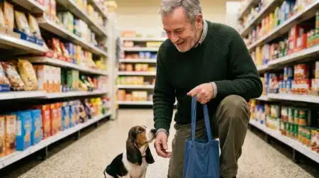Homme souriant découvrant un chiot basset hound au travail