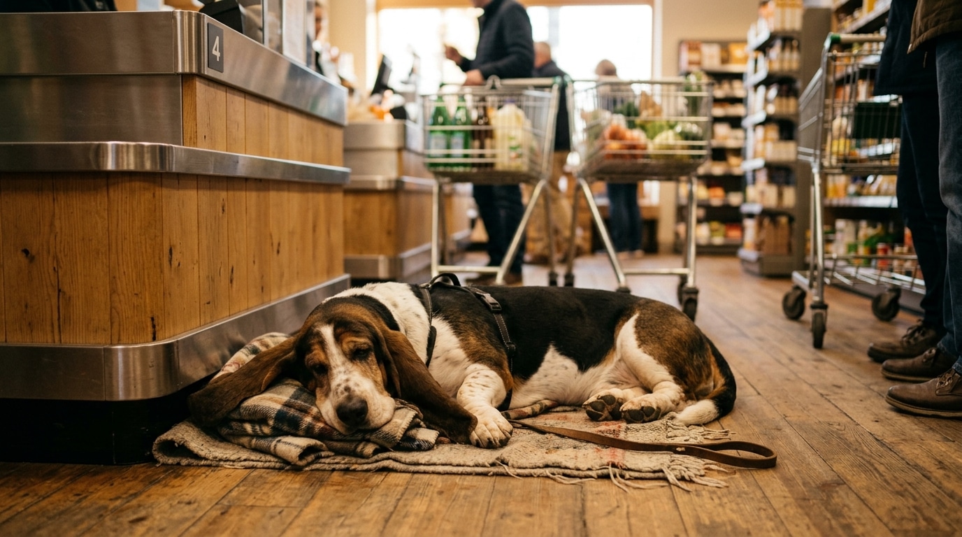 Basset hound allongé près d'une caisse de supermarché